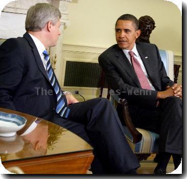 Prime Minister of Canada Stephen Harper and President Barack Obama President Barack Obama meets with PM of Canada Stephen Harper in the Oval Office of the White House Washington DC.