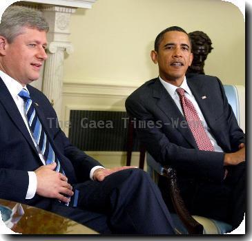 Prime Minister of Canada Stephen Harper and President Barack Obama President Barack Obama meets with PM of Canada Stephen Harper in the Oval Office of the White House Washington DC.