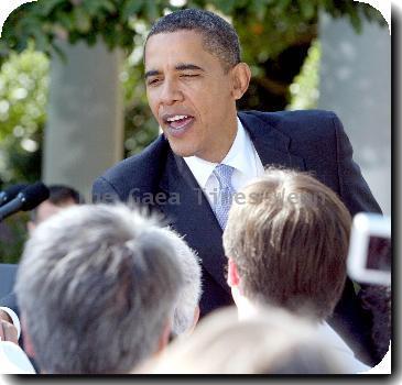 President Barack Obama 
speaks with doctors from all over the country who are joining him in pushing for health insurance reform in the Rose Garden of the White House.