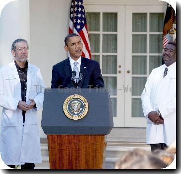 President Barack Obama 
speaks with doctors from all over the country who are joining him in pushing for health insurance reform in the Rose Garden of the White House.