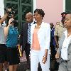 Former Bahamas Senator Pleasant Bridgewater leaves court on the first day of the trial against her and paramedic Tarino Lightbourne for trying to extort at least $25 million from movie star John Travolta, Nassau.