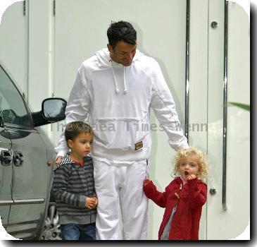 Peter Andre and his children Junior and  Princess Tiaamii arriving home London.