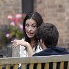 ***Exclusive***Amanda Donohoe seen smoking and chatting to a friend during a break from filming the television soap opera 'Emmerdale' at the ITV Studios .Leeds.