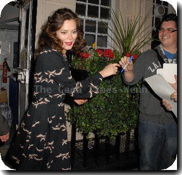 Anna Friel leaves the Theatre Royal in a stork patterned dress after her latest stage production, Breakfast At Tiffany's.