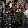 Anna Friel leaves the Theatre Royal in a stork patterned dress after her latest stage production, Breakfast At Tiffany's.