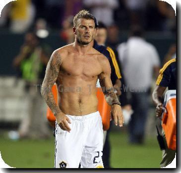 David Beckham removes his shirt at the final whistle of the LA Galaxy vs. Chivas USA game at the Home Depot Center. David scored the only goal winning the game for LA Galaxy.Los Angeles.