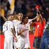 David Beckham of the Los Angeles Galaxy is sent off with a red card for a foul on Peter Vagenas of the Seattle Sounders FC at The Home Depot Center..