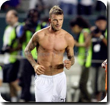 David Beckham removes his shirt at the final whistle of the LA Galaxy vs. Chivas USA game at the Home Depot Center. David scored the only goal winning the game for LA Galaxy.Los Angeles.