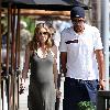 A heavily pregnant Ellen Pompeo and her husband
 leave Porta Via after having lunch.