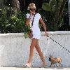 **Exclusive** Lady Victoria Hervey, wearing a little white dress, talks on her  phone as she walks her dogs in HollywoodLos Angeles.