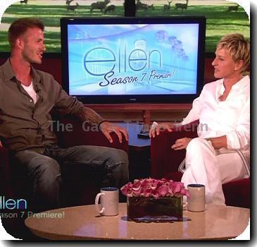 David Beckham
talks about his family, that the kids have more of an American accent, and that he and Victoria have been married for 10 years now, he got ten roses tattooed across his arm. Ellen asks if he ever thinks about getting a tattoo of her, he says that he is very tempted and then shows off his 'Ellen' boxers on NBC's 'The Ellen DeGeneres Show'
USA