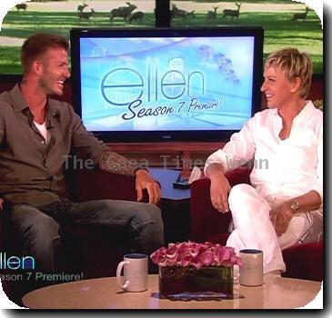 David Beckham
talks about his family, that the kids have more of an American accent, and that he and Victoria have been married for 10 years now, he got ten roses tattooed across his arm. Ellen asks if he ever thinks about getting a tattoo of her, he says that he is very tempted and then shows off his 'Ellen' boxers on NBC's 'The Ellen DeGeneres Show'
USA