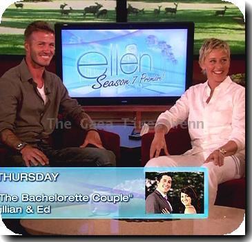 David Beckham
talks about his family, that the kids have more of an American accent, and that he and Victoria have been married for 10 years now, he got ten roses tattooed across his arm. Ellen asks if he ever thinks about getting a tattoo of her, he says that he is very tempted and then shows off his 'Ellen' boxers on NBC's 'The Ellen DeGeneres Show'
USA