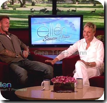 David Beckham
talks about his family, that the kids have more of an American accent, and that he and Victoria have been married for 10 years now, he got ten roses tattooed across his arm. Ellen asks if he ever thinks about getting a tattoo of her, he says that he is very tempted and then shows off his 'Ellen' boxers on NBC's 'The Ellen DeGeneres Show'
USA