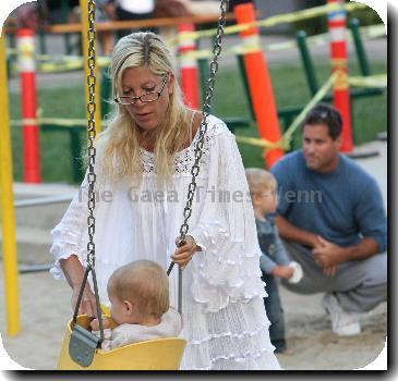 Tori Spelling 
with her daughter Stella at Cross Creek Park.