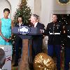 First Lady Michelle Obama thanks the volunteers who helped put up the White House Christmas decorations and kicks off this year?s U.S. Marine Corps Reserve?s Toys for Tots eventWashington DC.