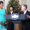 First Lady Michelle Obama thanks the volunteers who helped put up the White House Christmas decorations and kicks off this year?s U.S. Marine Corps Reserve?s Toys for Tots eventWashington DC.