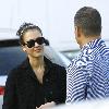 Jessica Alba in square toed shoes and a large over coat at a meeting in Beverly Hills.