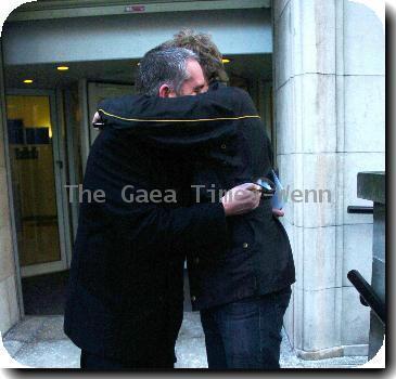 Chris Moyles and Patrick Kielty hugging
outside BBC NI buildings just after finishing Chris Moyles last show of the year 2009.