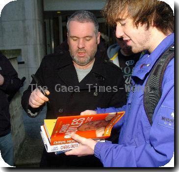 Chris Moyles and Patrick Kielty hugging
outside BBC NI buildings just after finishing Chris Moyles last show of the year 2009.