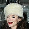 Anna Friel leaves the Royal Haymarket Theatre in a white fur hat and wearing a white crochet dress, during a snowy night after her evening performance of 'Breakfast at Tiffany's' London.
