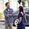 Ed Helms stops in the street to talk to a friend in downtown Beverly HillsLos Angeles.