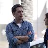 Ed Helms stops in the street to talk to a friend in downtown Beverly HillsLos Angeles.