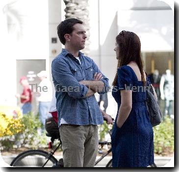 Ed Helms stops in the street to talk to a friend in downtown Beverly HillsLos Angeles.