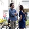 Ed Helms stops in the street to talk to a friend in downtown Beverly HillsLos Angeles.