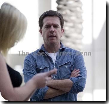 Ed Helms stops in the street to talk to a friend in downtown Beverly HillsLos Angeles.