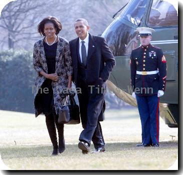 First Lady Michelle Obama and President Barack Obama 
return to the White House from Delaware after attending the funeral for Joe Biden's mother, Jean, who died Friday (08Jan10) at age 92..