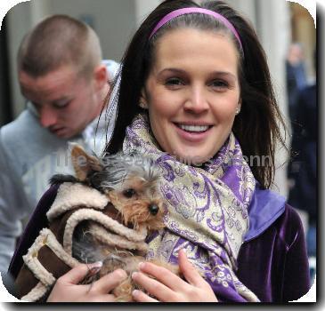 Danielle Lloyd showing off her engagement ring while out with her dog, ahead of her lavish engagement party at the weekend where she will be wearing '26,000 crystal encrusted gown from New Bond Street boutique Doly. London.