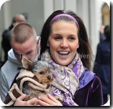 Danielle Lloyd showing off her engagement ring while out with her dog, ahead of her lavish engagement party at the weekend where she will be wearing '26,000 crystal encrusted gown from New Bond Street boutique Doly. London.