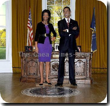 Barack Obama (Waxwork)
A waxwork of Michelle Obama is unveiled at Madame Tussauds next to a waxwork of her husband US President Barack Obama. The First Lady joins the waxwork of her husband, US President Barack Obama, in the Setting of The Oval Office..