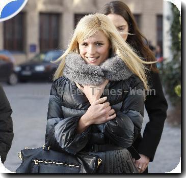 Michelle Hunziker leaving Bayerischer Hof hotel on her way to rehearsals of German TV show 'Wetten Dass...'. Lindau.