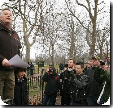 Billy Bragg 
at Speaker's Corner in Hyde Park, explaining why he refuses to pay his taxes whilst the RBS bank maintains its policy of paying bonuses..