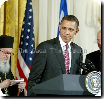 Archbishop Demetrios, US President Barack Obama and Prime Minister Papandreou of GreeceUS President Barack Obama speaks during an event celebrating Greek Independence Day in the East Room of the White House Washington DC.