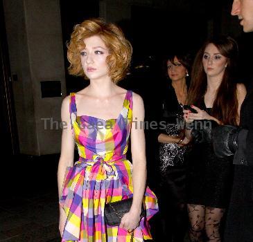 Nicola Roberts
 Girls Aloud singer leaving her hotel with friends wearing a colourful dress
London, England.