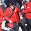 Steven Gerrard
catching a train at Runcorn station as flights out the UK are still halted because of the Icelandic Volcono ash cloud above. The Liverpool football team heading for Spain for their upcomimg UEFA Europa League match against Atletico Madrid.
Cheshire, England.