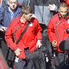 Steven Gerrard
catching a train at Runcorn station as flights out the UK are still halted because of the Icelandic Volcono ash cloud above. The Liverpool football team heading for Spain for their upcomimg UEFA Europa League match against Atletico Madrid.
Cheshire, England.