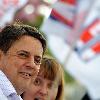 BNP leader Nick Griffin awaits the arrival of David Cameron as the Conservatives  he campaign in Dagenham and Rainham.
London, England.