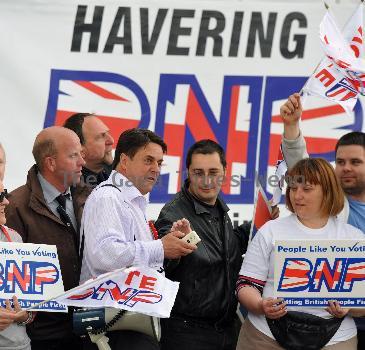 BNP leader Nick Griffin awaits the arrival of David Cameron as the Conservatives  he campaign in Dagenham and Rainham.
London, England.