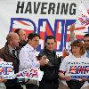 BNP leader Nick Griffin awaits the arrival of David Cameron as the Conservatives  he campaign in Dagenham and Rainham.
London, England.