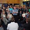 BNP leader Nick Griffin awaits the arrival of David Cameron as the Conservatives  he campaign in Dagenham and Rainham.
London, England.