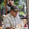 Drew Carey seen talking on the phone while out having lunch at The Grove in Hollywood. Los Angeles.