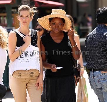 Caroline Chikezie out for lunch at The Grove with a friend Los Angeles.