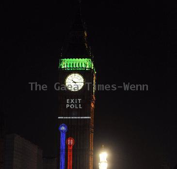 The preliminary results, exit polls, of the general election are projected on to St Stephen's Tower, which houses Big Ben by the BBC.
London, England.