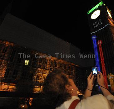 The preliminary results, exit polls, of the general election are projected on to St Stephen's Tower, which houses Big Ben by the BBC.
London, England.