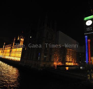 The preliminary results, exit polls, of the general election are projected on to St Stephen's Tower, which houses Big Ben by the BBC.
London, England.