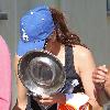 Eva Mendez leaves a gym in West Hollywood by walking out backwards then covering her face with a dog bowl to hide form the photographersLos Angeles.